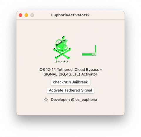 Screenshot of Euphoria Activator12 iCloudBypass and signal activator.